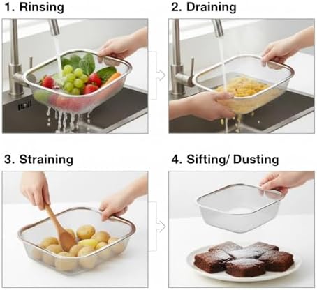 18/8 Stainless Steel Colander Strainer for Kitchen, Rectangular Colander for Pasta, Vegetables, Fruits, Rustproof & Dishwasher Safe (8.27 x 6.69 x 2.17 inch)