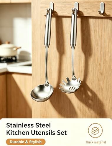 Stainless Steel Pasta Server and Cooking Spoon, Large Soup Ladle, Spaghetti Server with Teeth & Draining Holes, Dishwasher Safe Utensil for Everyday Use