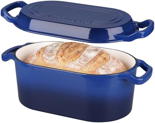 VORRINGARD Oval Dutch Oven Pot with Lid, Enamel Coating Cast Iron Bread Pans for Homemade Sourdough Bread Baking, Cooking, 4 Quart, Blue