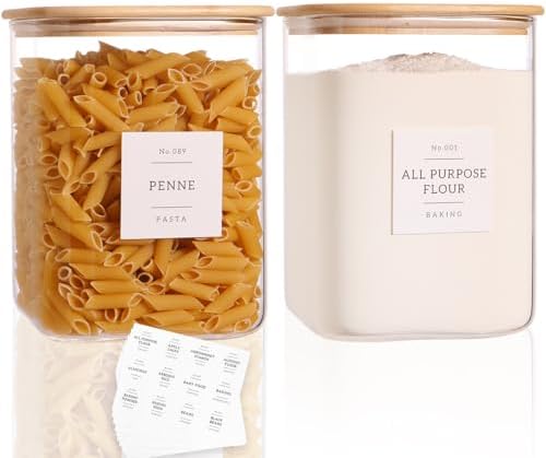 2 Pack Square Glass Flour and Sugar Containers with 132 Kitchen Pantry Labels - Thicken 120 FL OZ Large Glass Storage Jars with Airtight Bamboo Lid - Big Food Canisters for Cookies, Rice, Coffee