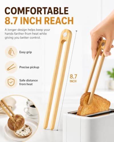 Magnetic Bamboo Toaster Tongs Set of 2, 8.7 Inch Natural Wood Toast Tongs, Eco-Friendly Kitchen Tongs for Toast, Bagels, Waffles, Serving, Space-Saving Kitchen Accessories