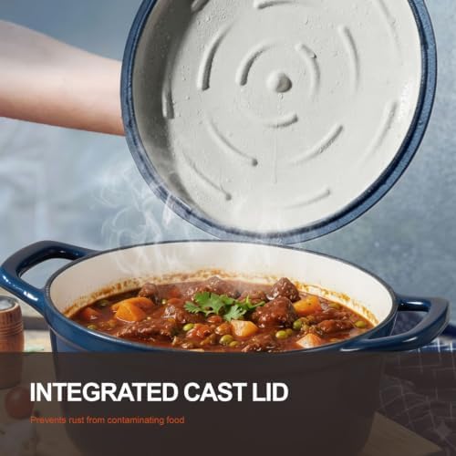 Overmont Enameled Cast Iron Dutch Oven - 5.5QT Pot with Lid Cookbook & Cotton Potholders - Heavy-Duty Cookware for Braising, Stews, Roasting, Bread Baking Midnight Sapphire