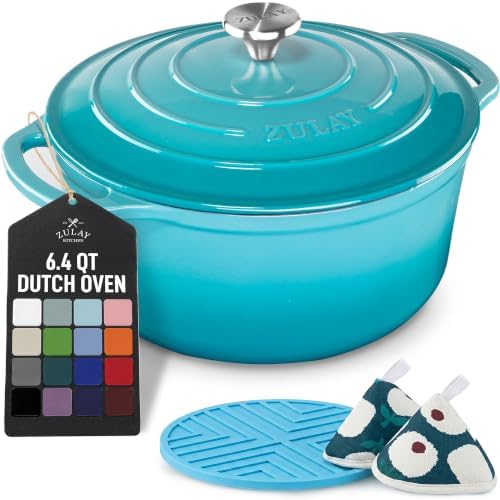 Zulay Kitchen 6.4QT Enameled Cast Iron Dutch Oven Pot with Lid, Heavy-Duty Soup Pot for Stews, Braising, Roasting & Sourdough Bread Baking, Oven Safe up to 500°F - Light Blue