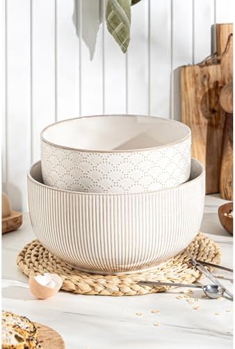 Mikiegy Ceramic Mixing Bowls Set of 2, Nesting Ceramic Embossment Stoneware Mixing Bowls for Cooking, Serving, Popcorn, Salad etc, Microwave & Dishwasher Safe, 98/145 oz, Off-White