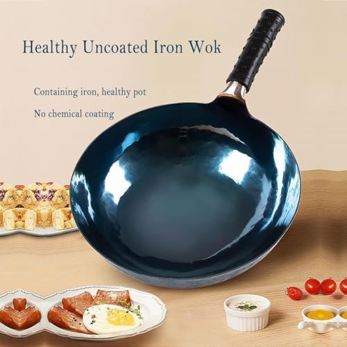 14-Inch Carbon Steel Wok, Round Bottom Traditional Chinese Wok with Rubber Handle and Wooden Lid, Uncoated Non-Stick Wok for Gas Stoves, Home Cooking, Camping, and as a Gift