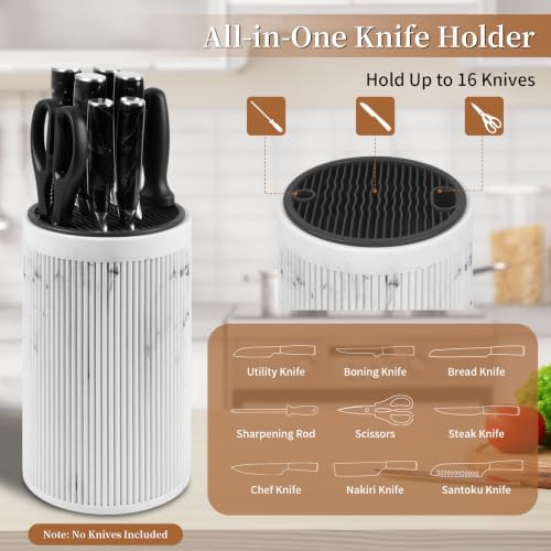 Universal Knife Block Without Knives,Sandstone Look,Round Knife Holder with Slots for Scissors & Sharpening Rod,Safe Space Saver Knives Storage Stand,Detachable Knife Organizer- Marble White