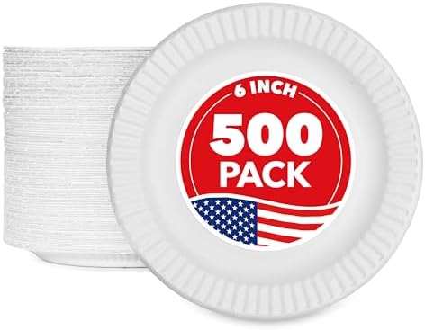 6-Inch Paper Plates Uncoated, Everyday Disposable Dessert Plates 6" Paper Plate Bulk, White, 500 Count, Stock Your Home
