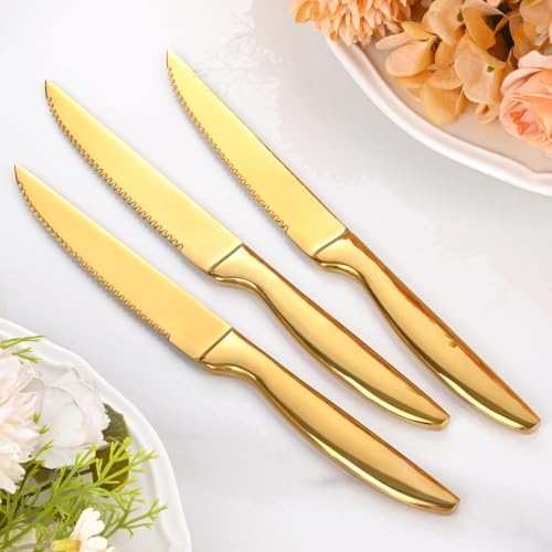 Gold Steak Knives Set of 12, Dishwasher Safe Kitchen Serrated Steak Knives