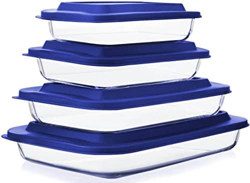 M MCIRCO 8 Piece Deep Glass Baking Dish with Lids, BPA free, Navy Blue