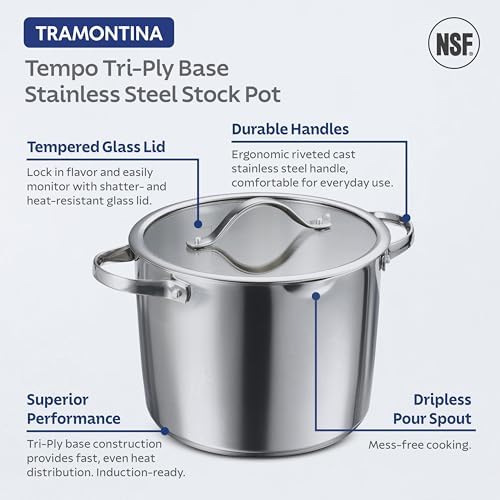 Tramontina Tempo Tri-Ply Base Stainless Steel 8-Qt Stock Pot with Lid