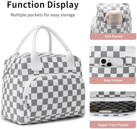 Lunch Bag Women Lunch Box for Women Adult Cute Insulated Lunch Bag Lager Cooler Lunch Tote Bags for Work Picnic (Beige-Gray Plaid)