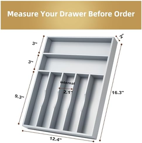 Bamboo Silverware Holder Drawer Utensil Organizer with 7 Slots Gray