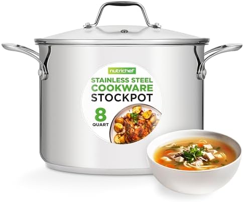 NutriChef 8-Quart Stainless Steel Stock Pot - 18/8 Food Grade Stainless Steel Heavy Duty Induction - Stock Pot, Stew Pot, Simmering Pot with See-Through Lid, Dishwasher Safe - NCSP8