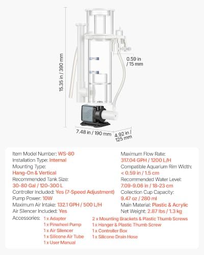 VEVOR Protein Skimmer for 30-80 Gal Saltwater Aquarium Hang On with DC Pump, Protein Skimmer with DC Pinwheel Pump, Adjustable Control, for 30-80 Gal Medium Saltwater Aquariums & Reef Tank Fish Tank