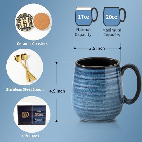 HASENSE Coffee Mugs Gift Set, 20 oz Ceramic Coffee Cups for Men and Women, Premium Large Tea Cups Gift Box with Coaster & Gold Spoon, Blue Couple Mugs for Wedding Holiday