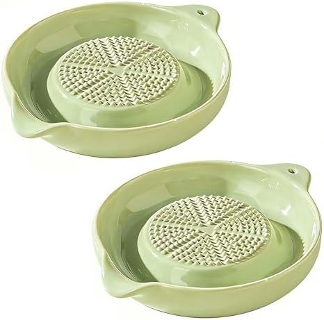 2 Pcs DelloidMaz 3.5 Inch Green Ceramic Grater Plate for Ginger, Garlic, Onion, Cheese, Lemon, Chocolate, Vegetables and Fruits for Kitchen (2 Pcs, Green)
