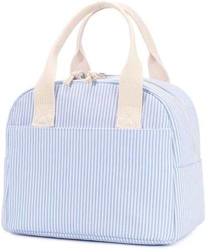 LOVELYWIND Lunch Box for Women, Insulated Lunch Bag, Blue Stripe Tote