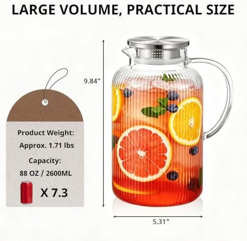 Bivvclaz 2.6 Liter 88 oz Stripes Glass Pitcher with Lid and Handle