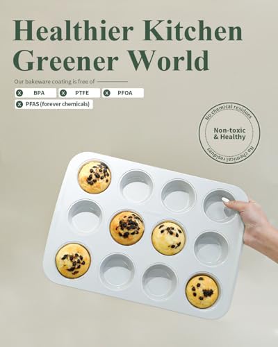 Nonstick Ceramic 12 Cup Muffin Pan, Cupcake Pan for Baking, Non-Toxic Muffin tin, Ceramic Coating, PTFE & PFOA Free, Oven Safe 550°F, Aluminized Steel (Yellow)