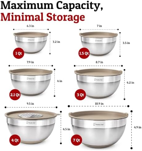 Priority Chef 6Pc Stainless Steel Mixing Bowls with Lids Set, Huge 7 Qrt Size Metal Bowl Set for Kitchen, 3 Graters, Non-Slip Bases & Silicone Utensils Set, Khaki