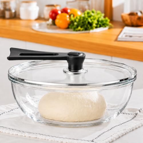 Large Glass Bowl for Sourdough Bread Making 6 QT Glass Mixing Bowl with Lid and Black Stand-Up Handle, Clear Sourdough Bread Proofing Bowl with Cover, Ideal for Baking, Meal Prep and Kitchen Storage