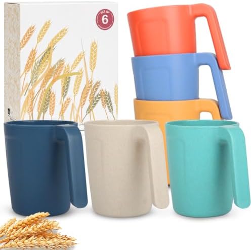 Wrova 16oz Wheat Straw Cups with handles set of 6-Plastic Cups Reusable-Unbreakable Kids Mugs-Dishwasher Safe & Microwave Safe-Ideal Plastic Mugs for Tea,Coffee,Camping,RV-Vibrant Color