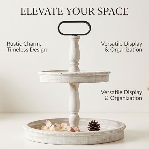 Krismax Decorative Trays - Two Tiered Tray Stand Rustic Tiered Tray Decor 2 Tiered Tray Serving Tray Seasonal & Holiday Decoration Wooden Tray for Coffee Table Farmhouse Display Stand Tray