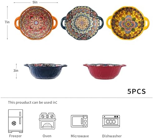 XKXKKE 5 Pack Boho Ceramic Serving Bowls with Handles, 40 Oz Porcelain Salad Bowls, Large Serving Dishes for Entertaining, Mixing Bowls for Soup, Stew, Pasta, Cereal, Colorful Embossed Cute Bowls Set