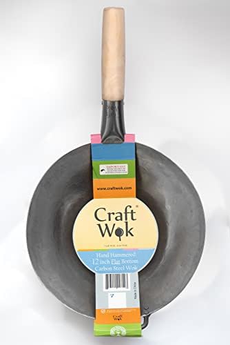 Craft Wok Flat Hand Hammered Carbon Steel Pow Wok with Wooden and Steel Helper Handle (12 Inch, Flat Bottom) / 731W316-12in