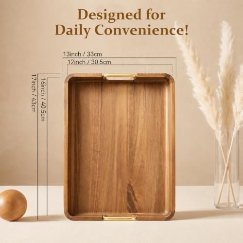 Acacia Wood Serving Tray with Gold Handles (Natural, 17" x 13" x 2")