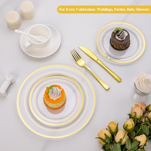 Goodluck 200PCS Clear Gold Plastic Plates, Heavy Duty Disposable Plates