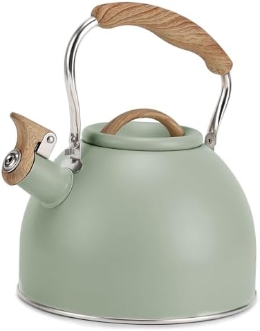 Tea Kettle, Vegoran 100 OZ / 3 Liter Whistling Tea Kettle, Tea Pots for Stove Top Food Grade Stainless Steel with Wood Pattern Folding Handle, Loud Whistle Kettle for Tea, Coffee, Milk (Green)