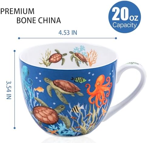 Summer Ocean Wonders Hug Mug - 20oz Deep Blue Bone China Coffee Mug with Sea Turtle, Octopus and Tropical Fish, Marine Life Themed Gift for Ocean Lovers, Designed in England by Harvest Green Studio