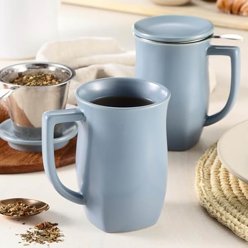 Tea Forte Ceramic Fiore Tea Cup with Infuser, Stone Blue, 14 oz