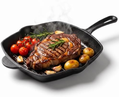 12 Inch Cast Iron Square Grill Pan, Seasoned Flat Skillets with Ring Handle, Cast Iron Square Grill Pan for Stove Top, Stylishly Designed & Heat Resistant for Kitchen Cooking