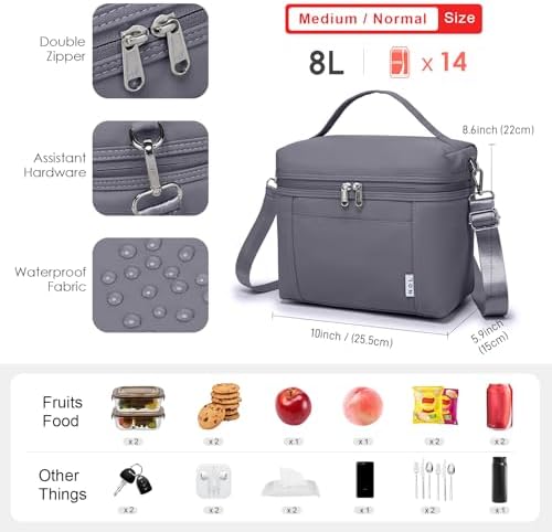 NOL 8L Insulated Lunch Bag for Women, Gray, Medium(normal))