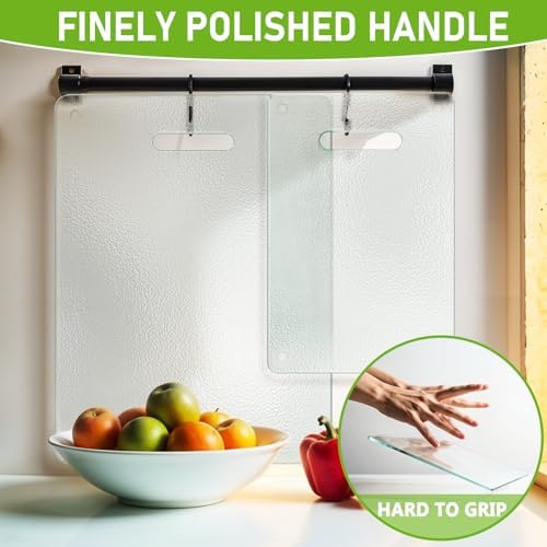 Tempered Glass Cutting Board for Kitchen, 2PCS Clear Chopping Board with Handle (16"x12" & 12"x8"), Plastic Free, Scratch Resistant, Heat Resistant, Dishwasher Safe, Non-toxic, Easy to Clean