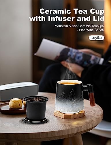 suyika Ceramic Tea Cup with Infuser and Lid, Gradient Embossed Large Tea Mug Wooden Handle for Steeping Loose Leaf, Tea Lover Gifts 15.2 oz / 450 ml,Matte Black