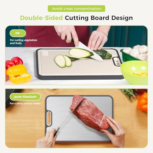 Titanium Cutting Board Double Sided Food Grade, Pure Titanium/PP for Kitchen, Cutting Board Easy to Clean[15.5”*10.5”+12”*8.5”]