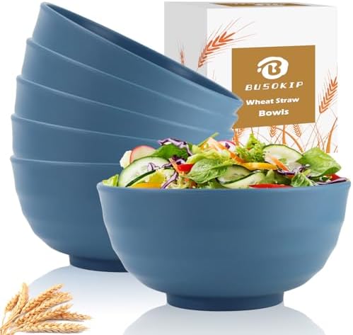 Large Soup Bowls 60 OZ, Unbreakable Wheat Straw Bowl Set of 6(Bule)