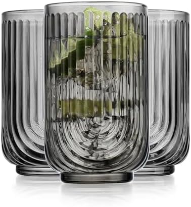 Glaver's Vintage Glassware - Art Deco Ribbed Drinking Glasses, U-Shape Arch Design Colored Cocktail Decorative Party Everyday Kitchen Tumblers, Hand Wash Only (Smoke S/4 17oz)