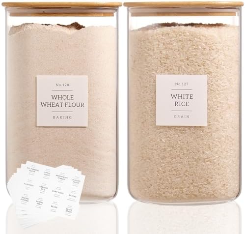 2 Pack large Square Glass Flour and Sugar Containers with 132 Kitchen Pantry Labels - Thicken 149 floz Glass Storage Jars with Airtight Bamboo Lid - Big Rice Canisters for Coffee, Pasta, Cereal