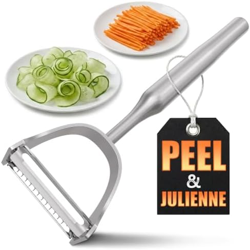 Stainless Steel Vegetable Peeler, 2-in-1 Peeler and Julienne Shredder Tool with Dual-Sided 420J2 Sharp Blade That Replaces Two Tools for Carrots, Cabbage, Potatoes, Cucumber, 5.6-Inch Ergonomic Handle