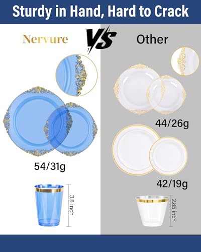 Nervure 350Pcs Blue Plastic Plates, Plastic Dinnerware Set for 50 Guests