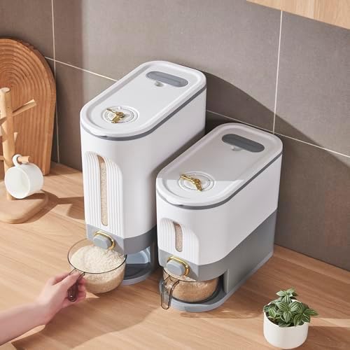 Sooyee 22 Lbs Rice Dispenser with Measuring Cup, White and Grey