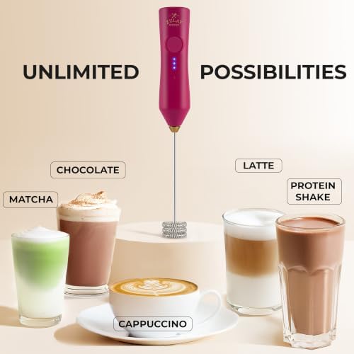 Zulay Kitchen Rechargeable Milk Frother Handheld - Frother Wand, Drink Mixer, Electric Whisk Frother, for Cappuccinos, Matcha & Protein Powder - Dynamic Triple Whisk, 3 Speed 500mAh Dragonfruit Gold