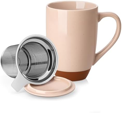 MALACASA Ceramic 18 oz Tea Mug with Lid and Infuser, Khaki Pink