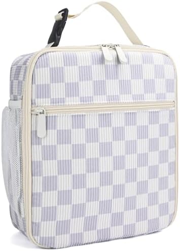 Lunch Box for Women Men Adult Insulated Lunch Bag Women Men Small Reusable Lunchbox for Work Picnic Travel (Beige-Purple Plaid)
