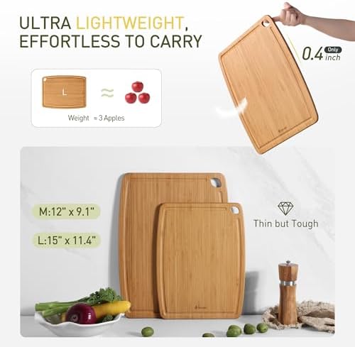Lightweight Durable Bamboo Cutting Board Set with Non-Slip Feet, Wooden Cutting Boards for Busy Kitchen, Easy Storage & Clean Wooden Chopping Boards with Juice Groove Set of 2 (M+L)