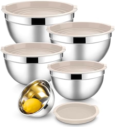 E-far Mixing Bowls with Lids Set, Stainless Steel Cooking Salad Bowl, Khaki